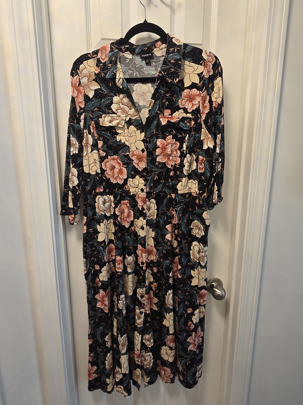 torrid Black Floral Button-Front Midi Dress with Cream & Pink Flowers